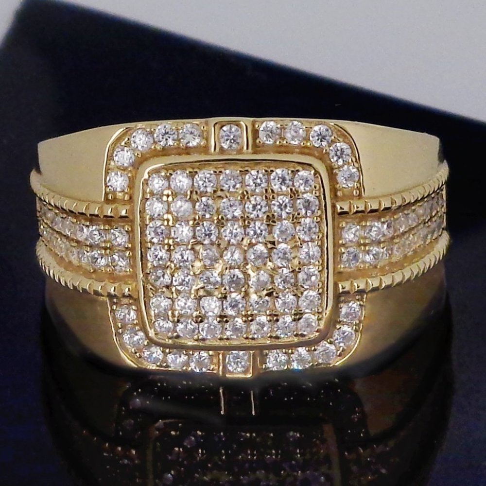 14K Gold Plated Sterling Silver Diamond-Like CZ Wide Band Ring Stamped 925